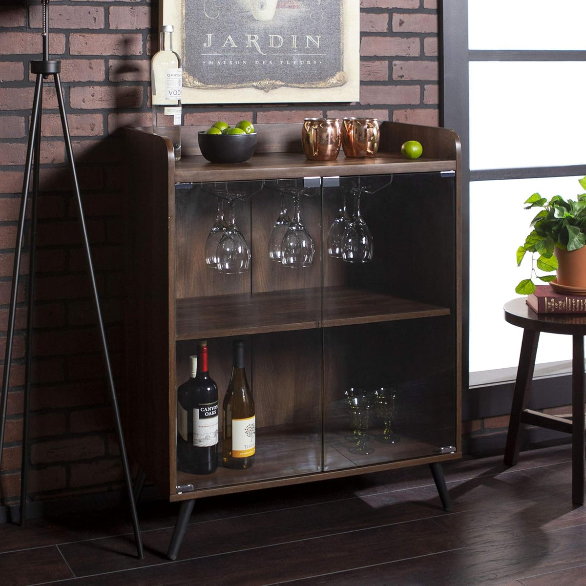 Dark Walnut Double Glass Door Bar Cabinet E929
