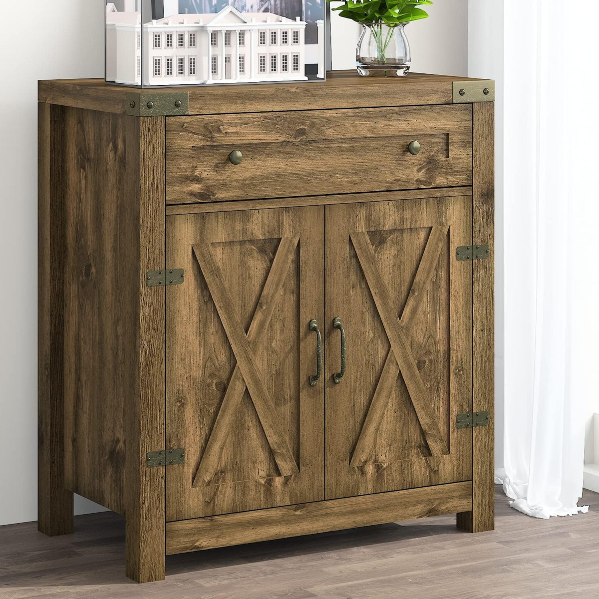 Storage Cabinet with Drawer & 2 Doors, Adjustable Shelves, 32 Inches, Rustic Oak G834664