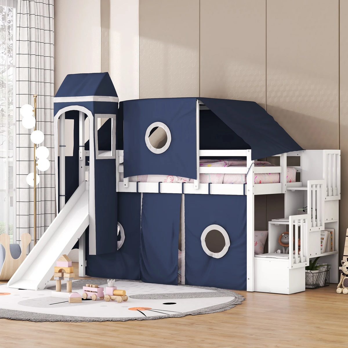 Twin Size Low Loft Bed with Slide and Curtains J6203