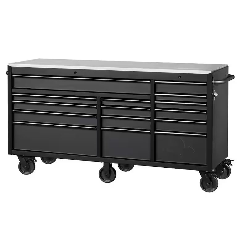 Heavy Duty 15-Drawer Mobile Workbench Cabinet Chest with Stainless Steel Top in Matte Black S95674