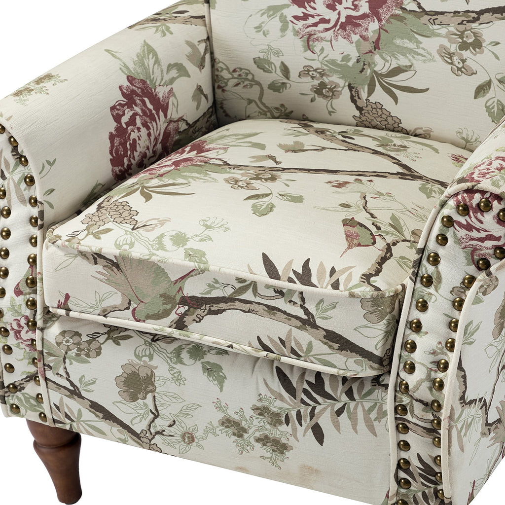 Wooden Upholstered Accent Chair Set of 2 with Removable Cushion Wingback Floral Lounge Sofa Set Nailhead Trim H812