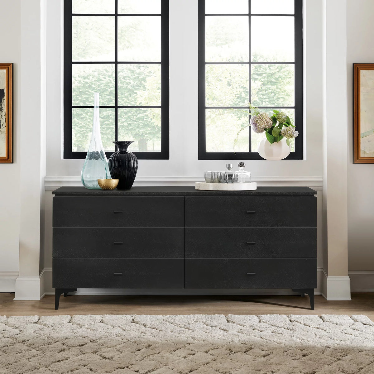 Black 6-Drawer Wood Dresser with Metal Legs S896518