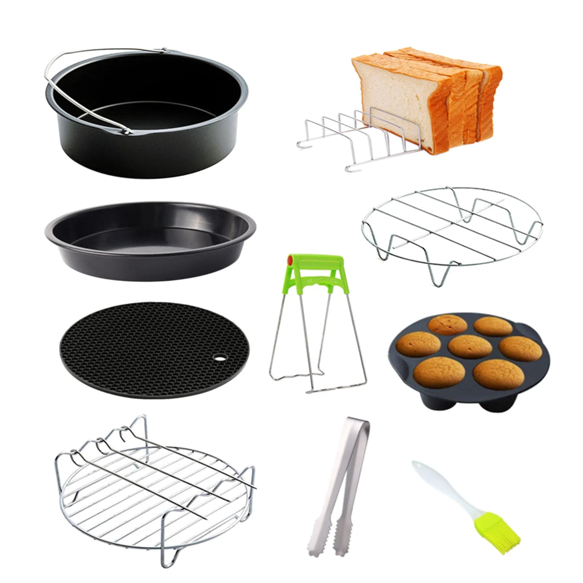 10Pcs Air Fryer Accessory Kit Frying Baking Pan Rack Pizza Tray Metal Holder Bread Bracket Cupcake Mould Set I260526