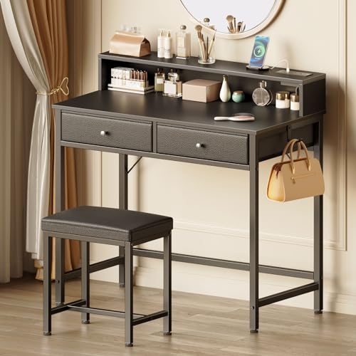 Black Vanity Desk with Drawers and Charging Station A200759