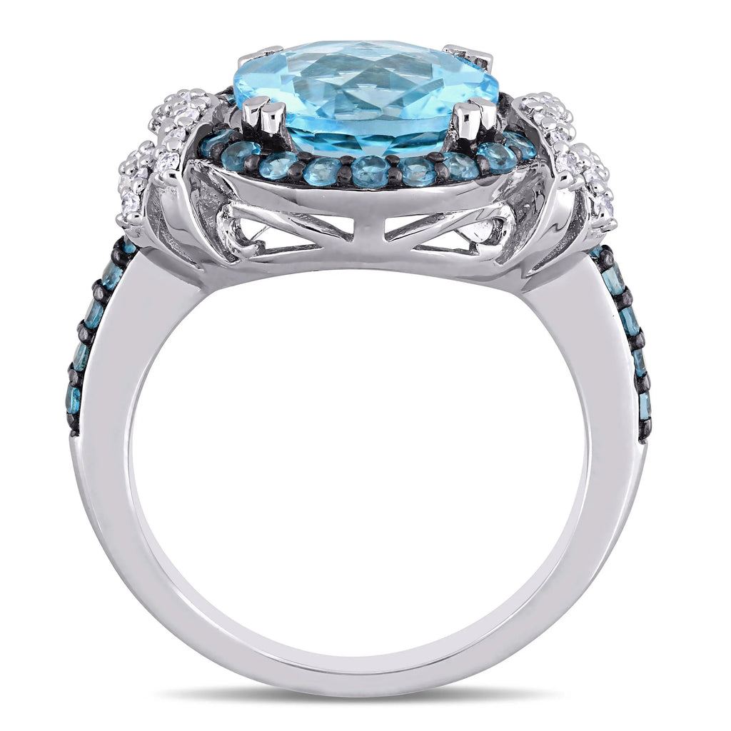 Sterling Silver Halo Bridal Set with Round Blue Topaz and Diamond R273