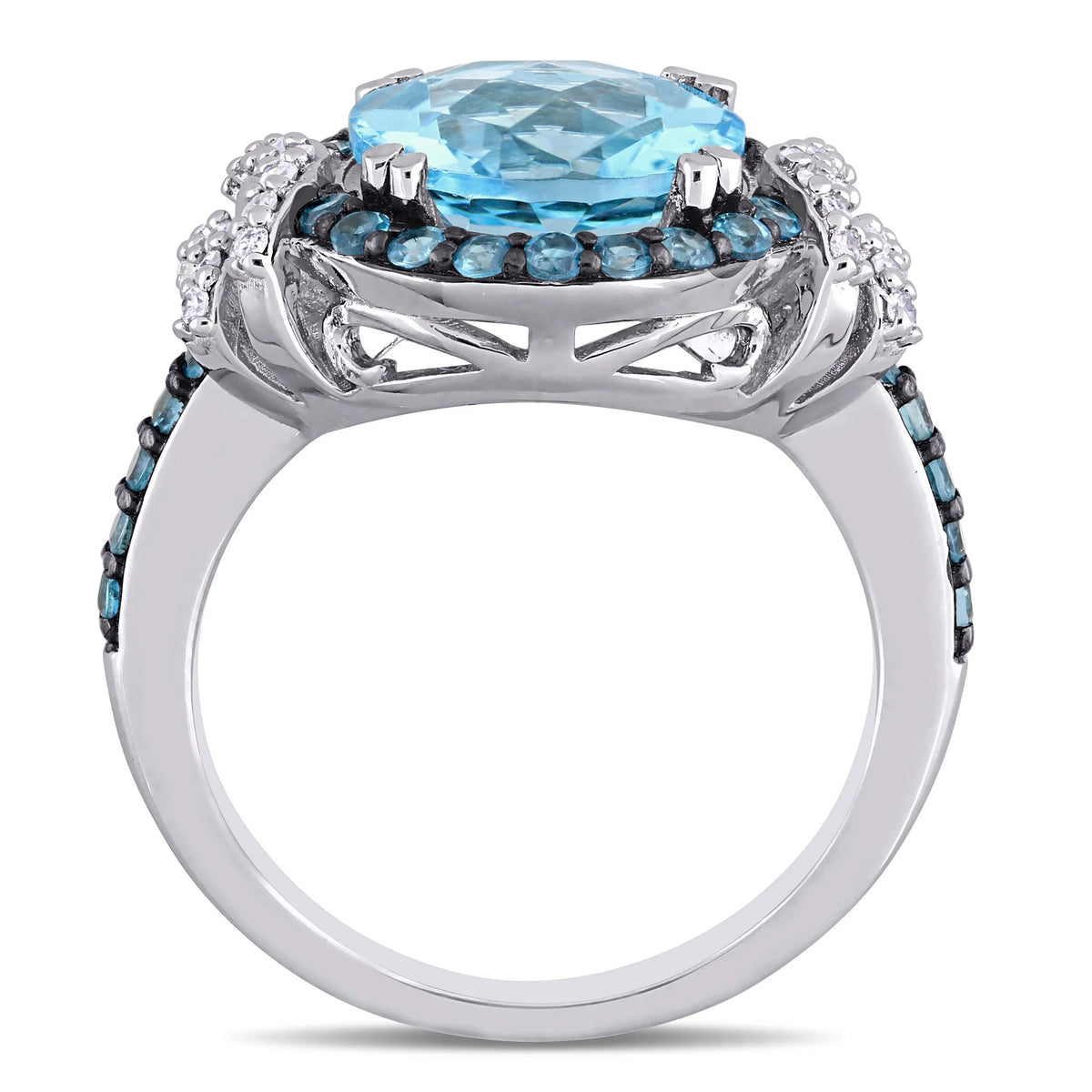 Sterling Silver Halo Bridal Set with Round Blue Topaz and Diamond R273