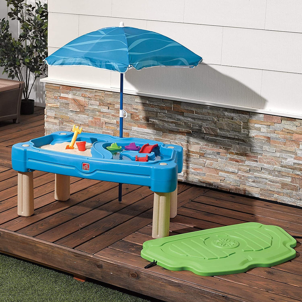 Blue Plastic Sandbox and Water Table with Cover and Umbrella S265494