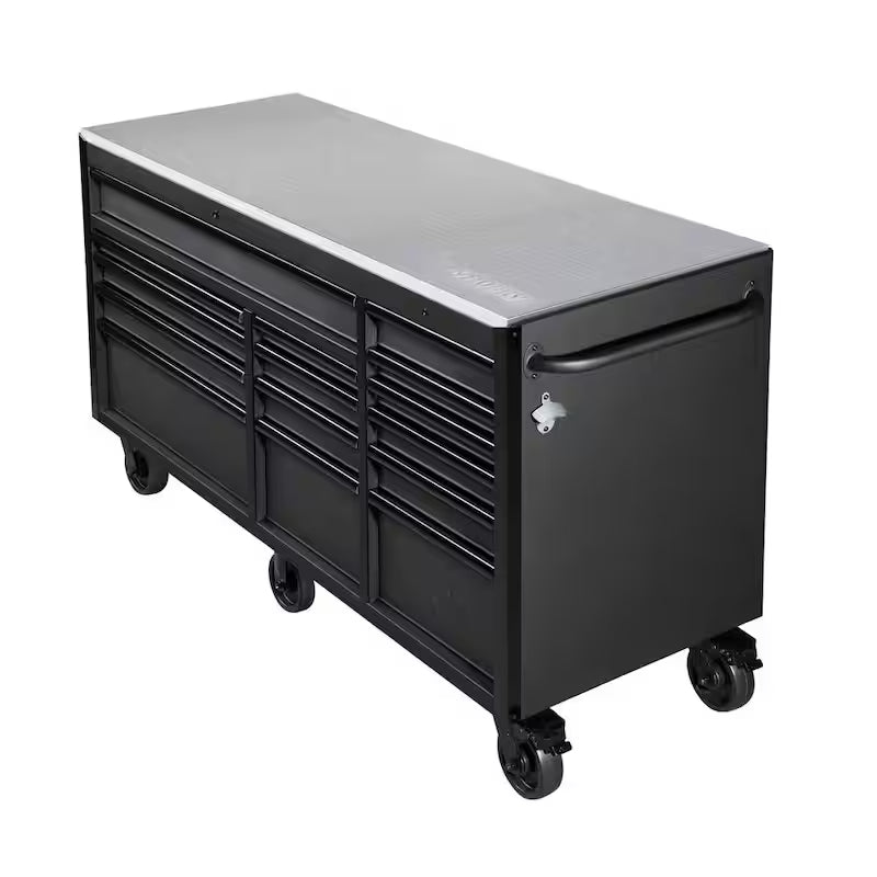 Heavy Duty 15-Drawer Mobile Workbench Cabinet Chest with Stainless Steel Top in Matte Black S95674