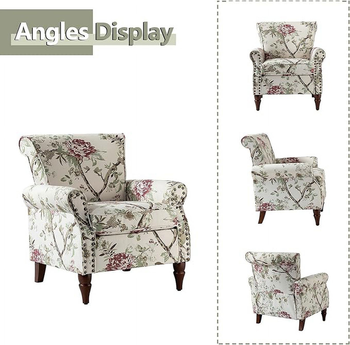 Wooden Upholstered Accent Chair Set of 2 with Removable Cushion Wingback Floral Lounge Sofa Set Nailhead Trim H812