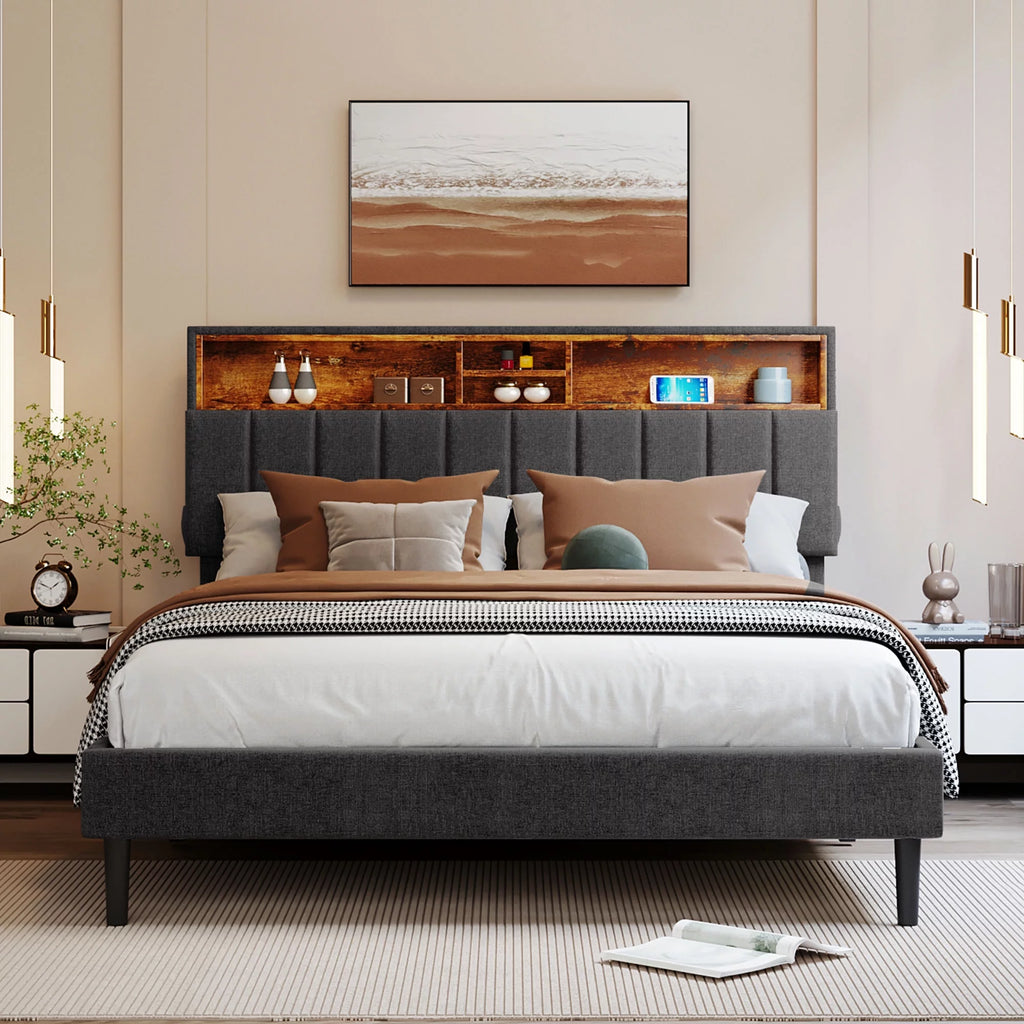Queen Upholstered Bed Frame with Storage Headboard and USB Port W9628