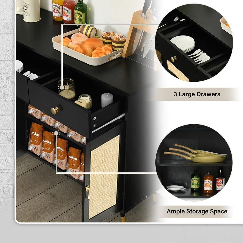 Black Sideboard Storage Cabinet with 4 Rattan Doors and 2 Drawers U108