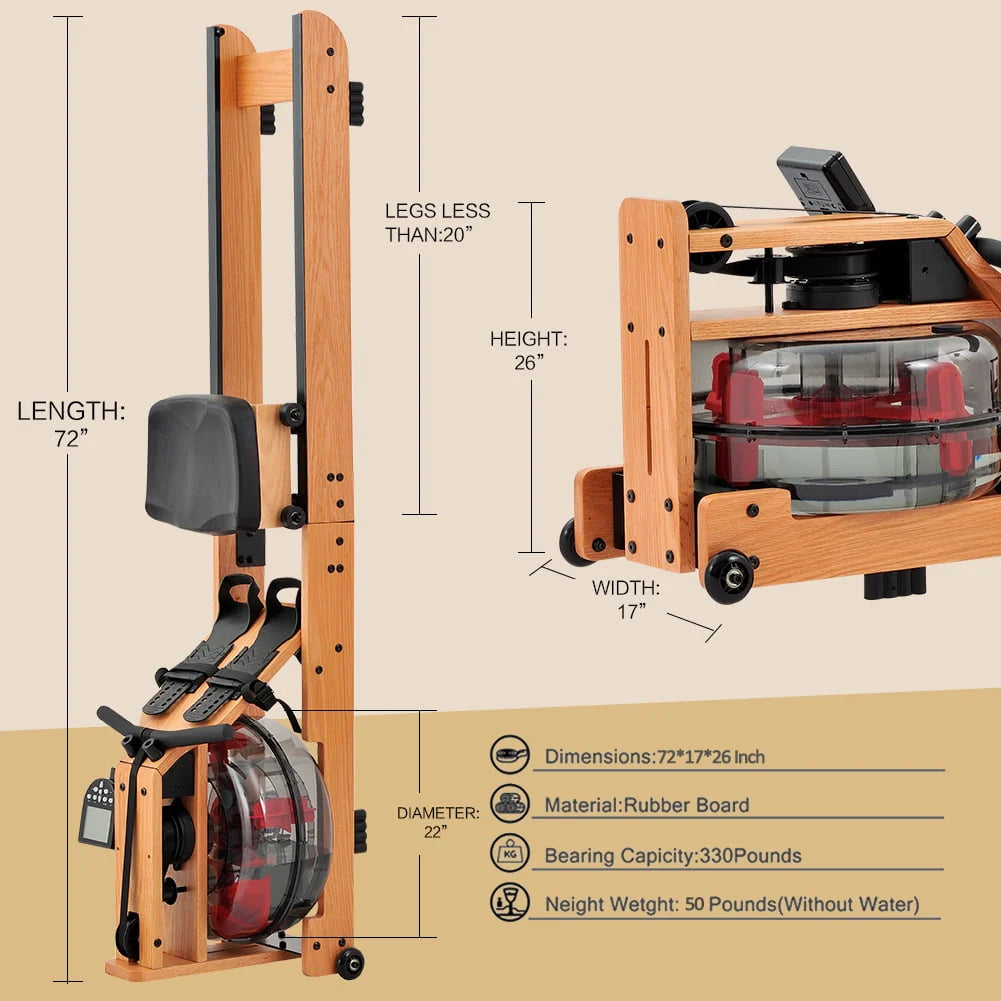 Solid Wood Water Rowing Machine with Bluetooth Monitor J2152