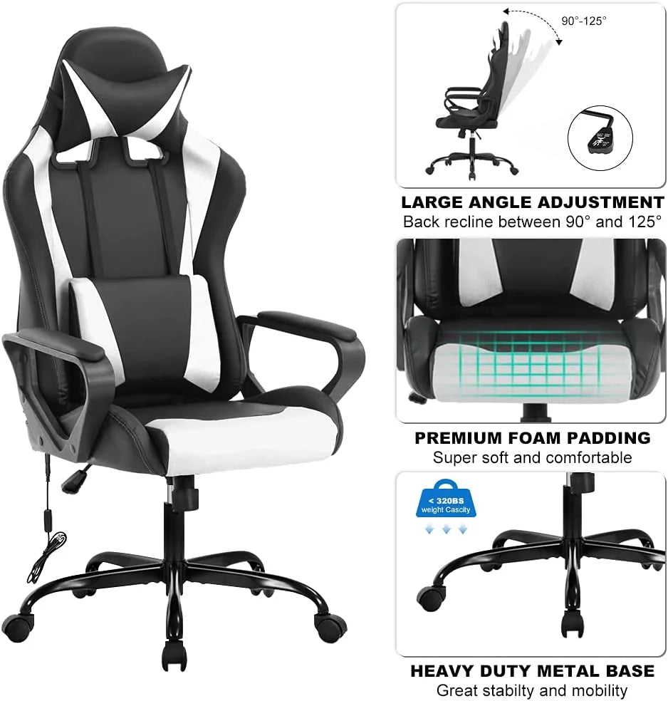 White Massage Gaming Chair with Headrest and Lumbar Support O503379