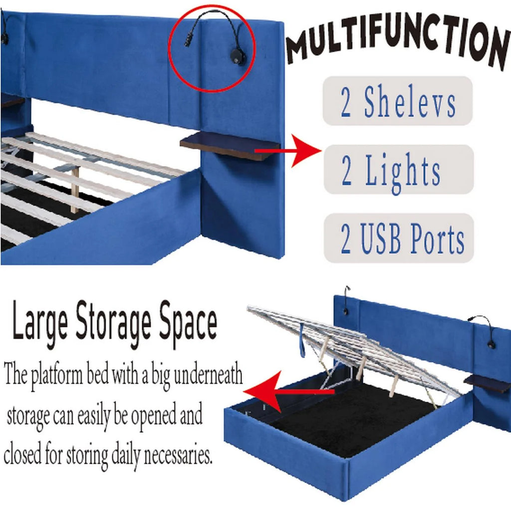 Full Size Upholstered Hydraulic Platform Bed with 2 Shelves, 2 Lights and 4 USB Ports, Blue J90082