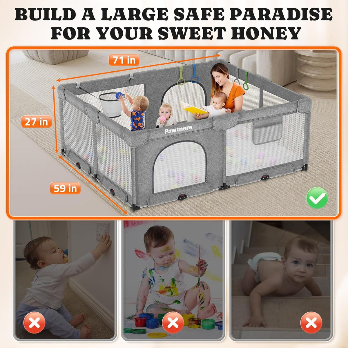 71"L x 59"W x 27"H Large Portable Baby Playpen with 50PCS Ocean Ball F62721