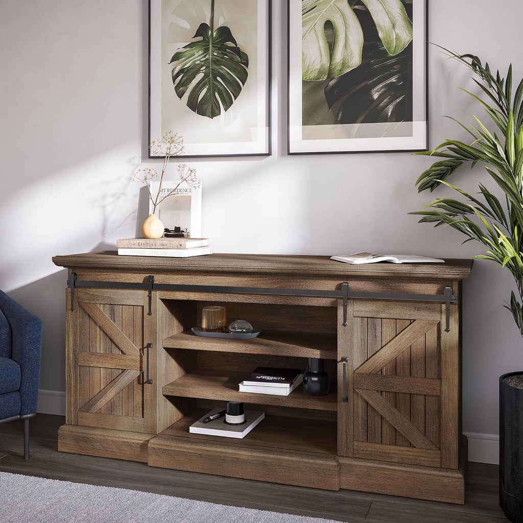 Modern Farmhouse TV Stand with Adjustable Shelves and Barn Doors S53249