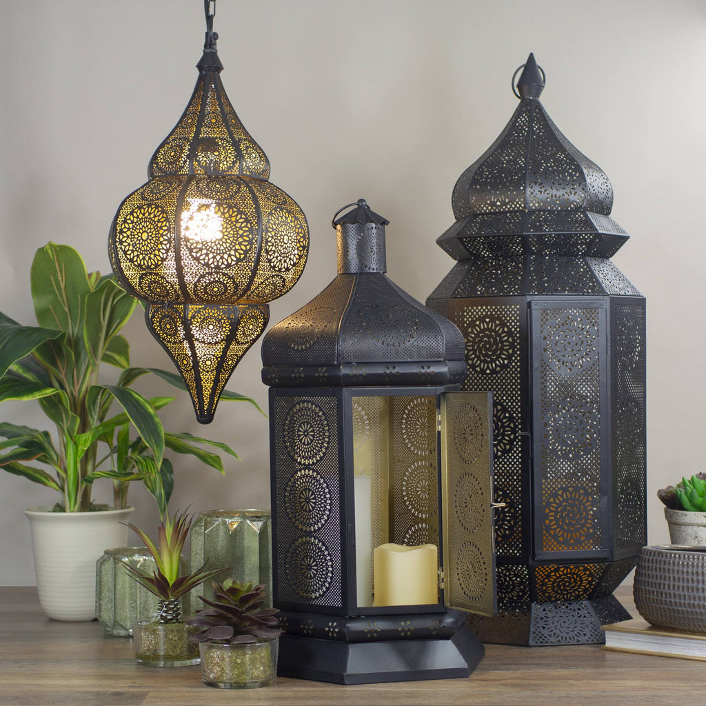 Black and Gold Floral Cut-Out Pillar Candle Lantern T777