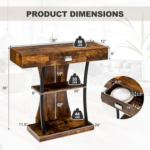 Rustic Brown 3-Tier Console Table with Drawer and Shelves A75046