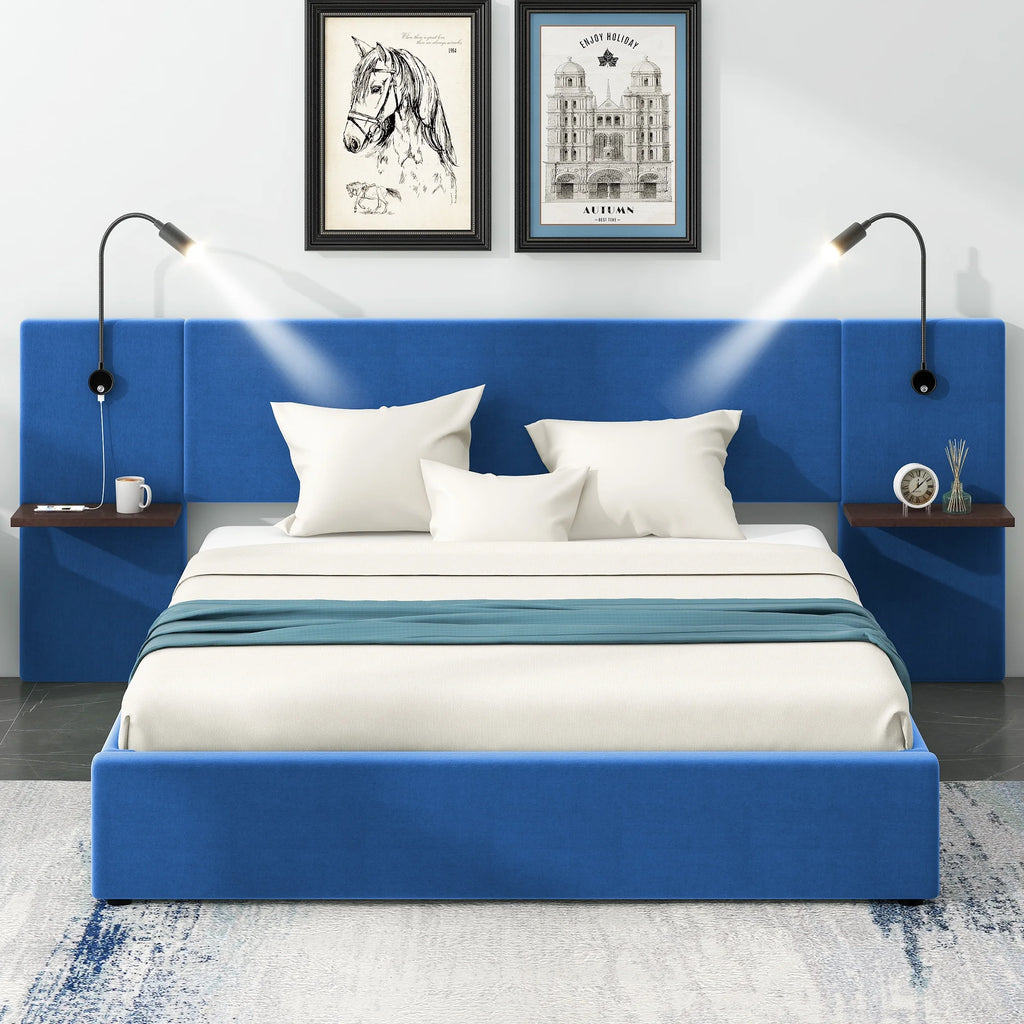 Full Size Upholstered Hydraulic Platform Bed with 2 Shelves, 2 Lights and 4 USB Ports, Blue J90082