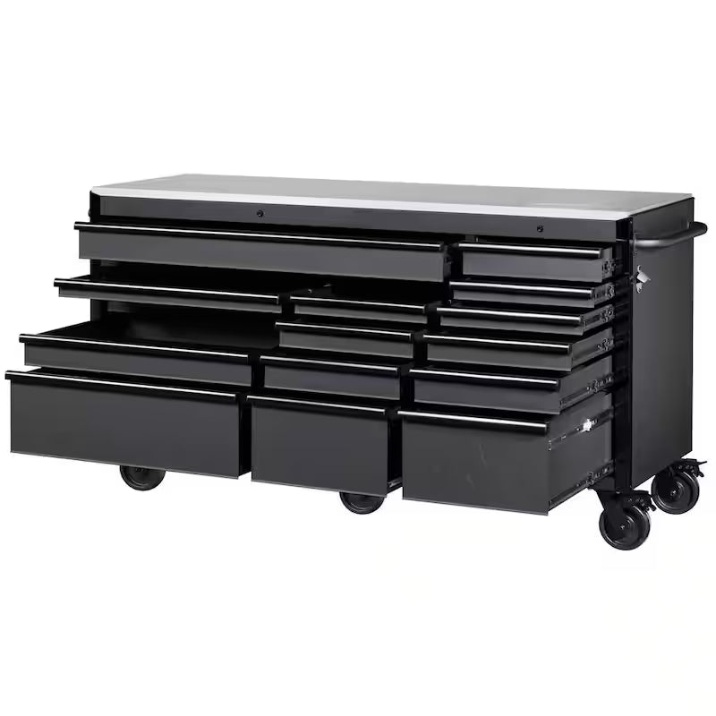 Heavy Duty 15-Drawer Mobile Workbench Cabinet Chest with Stainless Steel Top in Matte Black S95674