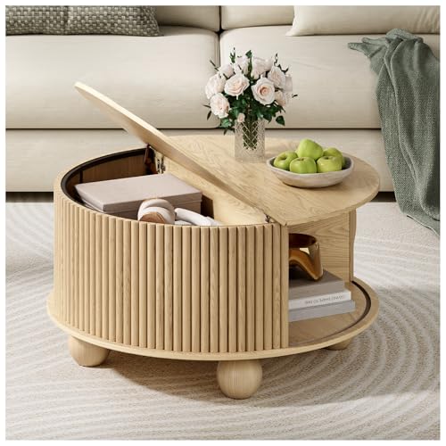 Round Storage Coffee Table with Sliding Cabinet Door, Walnut J203