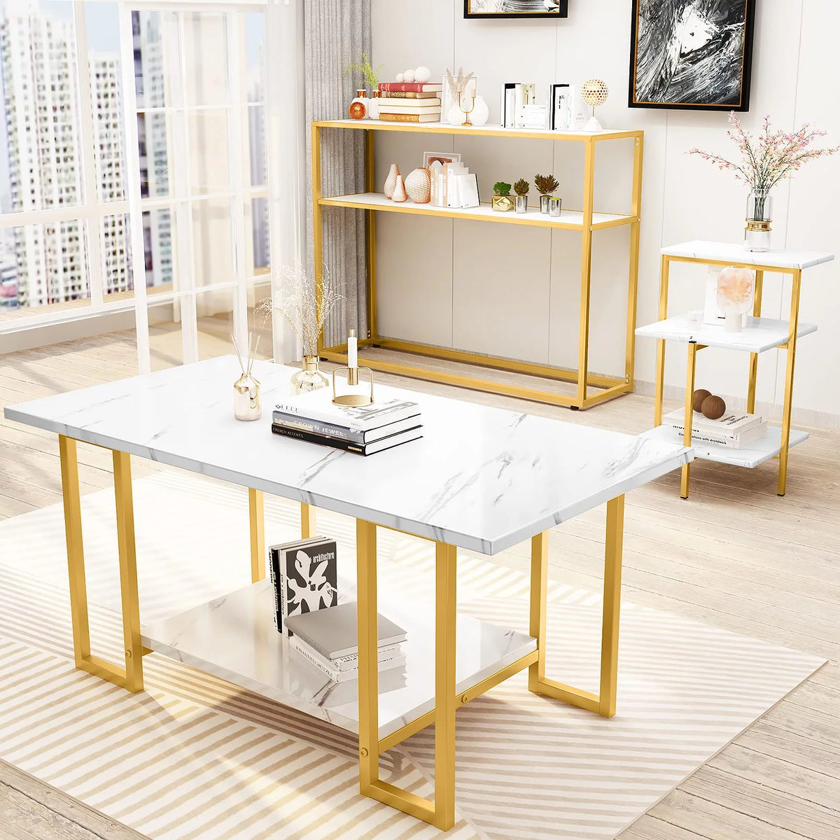 Gold Coffee Table Set of 3 with Metal Frame W79850