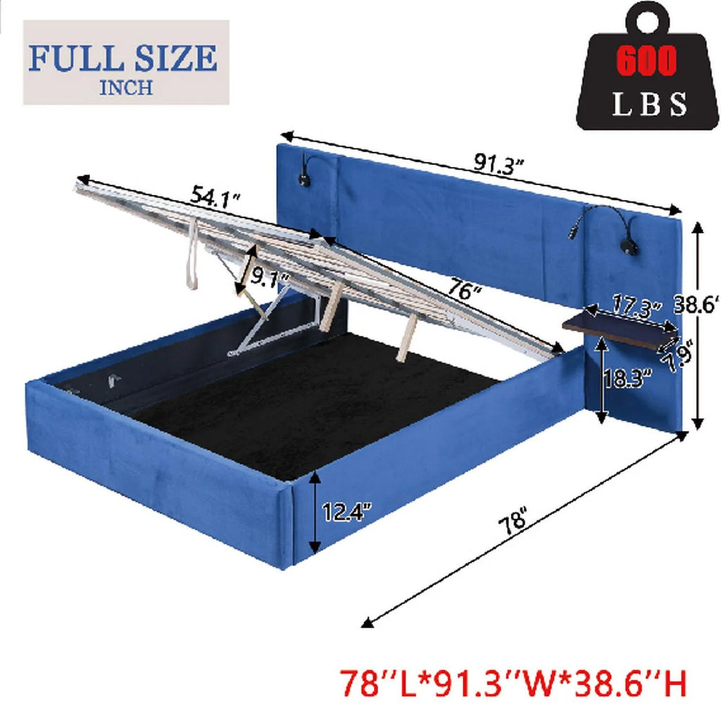 Full Size Upholstered Hydraulic Platform Bed with 2 Shelves, 2 Lights and 4 USB Ports, Blue J90082