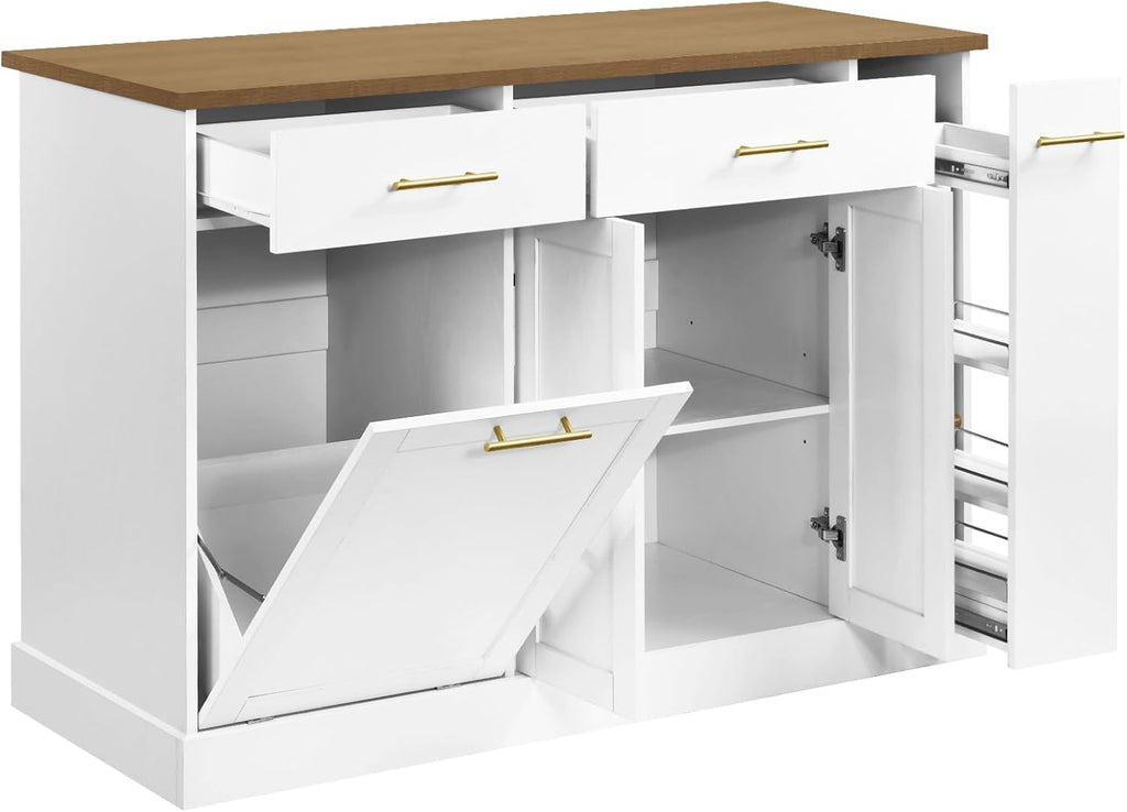 White Rolling Kitchen Island with Pull Out Spice Rack and Trash Can Cabinet O889