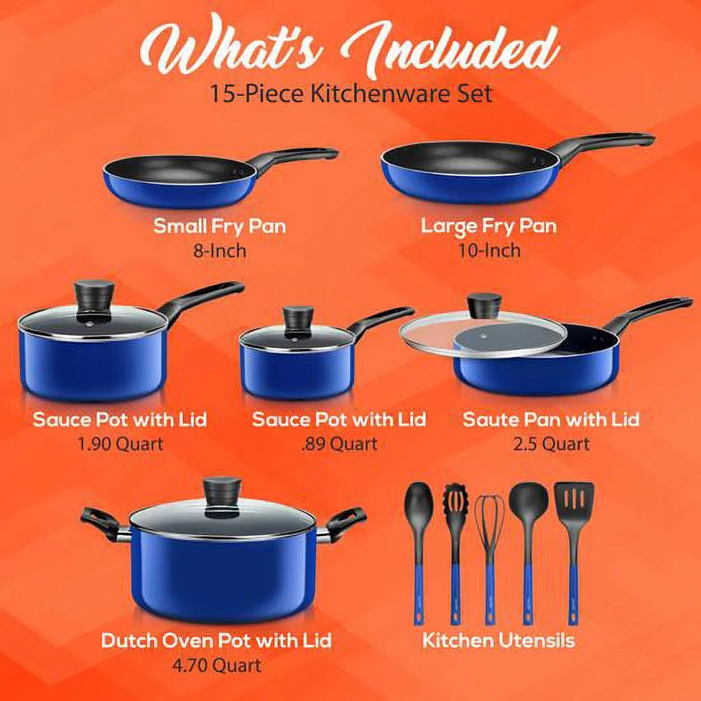 15 Piece Non Stick Blue Cookware Set X159
