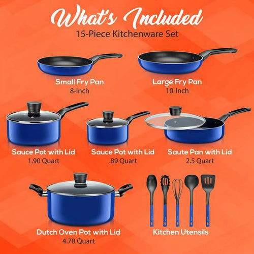 15 Piece Non Stick Blue Cookware Set X159