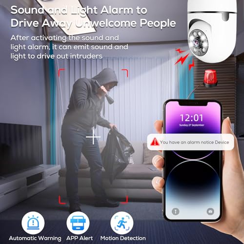 Light Bulb Security Camera, 360° WiFi Wireless Outdoor Indoor Color Night Vision, Auto Tracking Smart Alarm, 2-Way Talk, Porch Light Socket Camera Q461