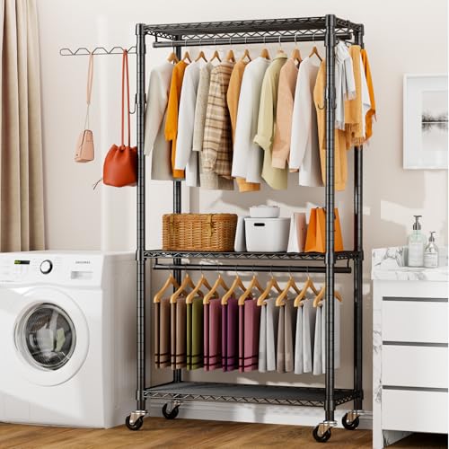 Black Heavy Duty Metal Freestanding Clothing Rack with Shelves & Wheels U865