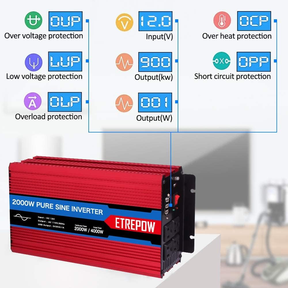 2000 Watt Pure Sine Wave Power Inverter 12V DC to 110V AC X980884