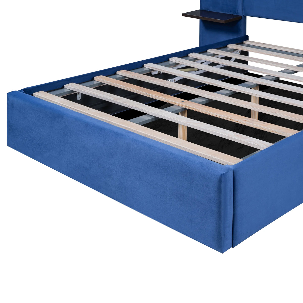 Full Size Upholstered Hydraulic Platform Bed with 2 Shelves, 2 Lights and 4 USB Ports, Blue J90082