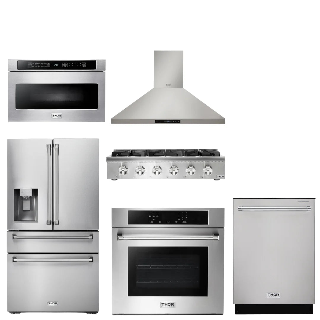 36 Gas Rangetop, Range Hood, Wall Oven, Refrigerator with Water and Ice Dispenser, Dishwasher, Microwave A6012