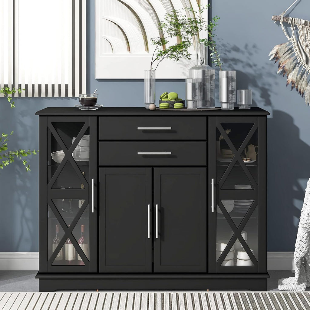 Black Accent Buffet Sideboard with Tempered Glass Console Table Sofa Table with Adjustable Shelves Cabinet L704056