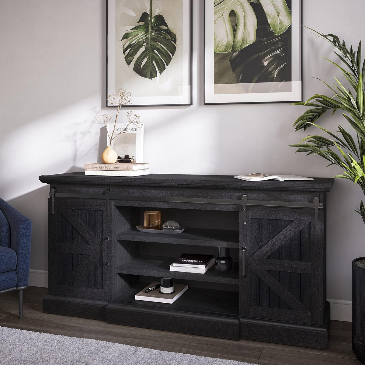 Modern Farmhouse TV Stand with Adjustable Shelves and Barn Doors S53249