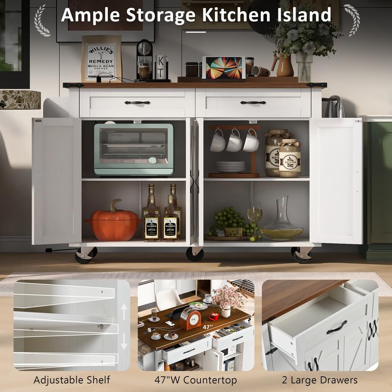 Farmhouse Kitchen Island with Power Outlet, Drop Leaf, Spice Rack and Drawer, Rolling Kitchen Cart on Wheels I94436