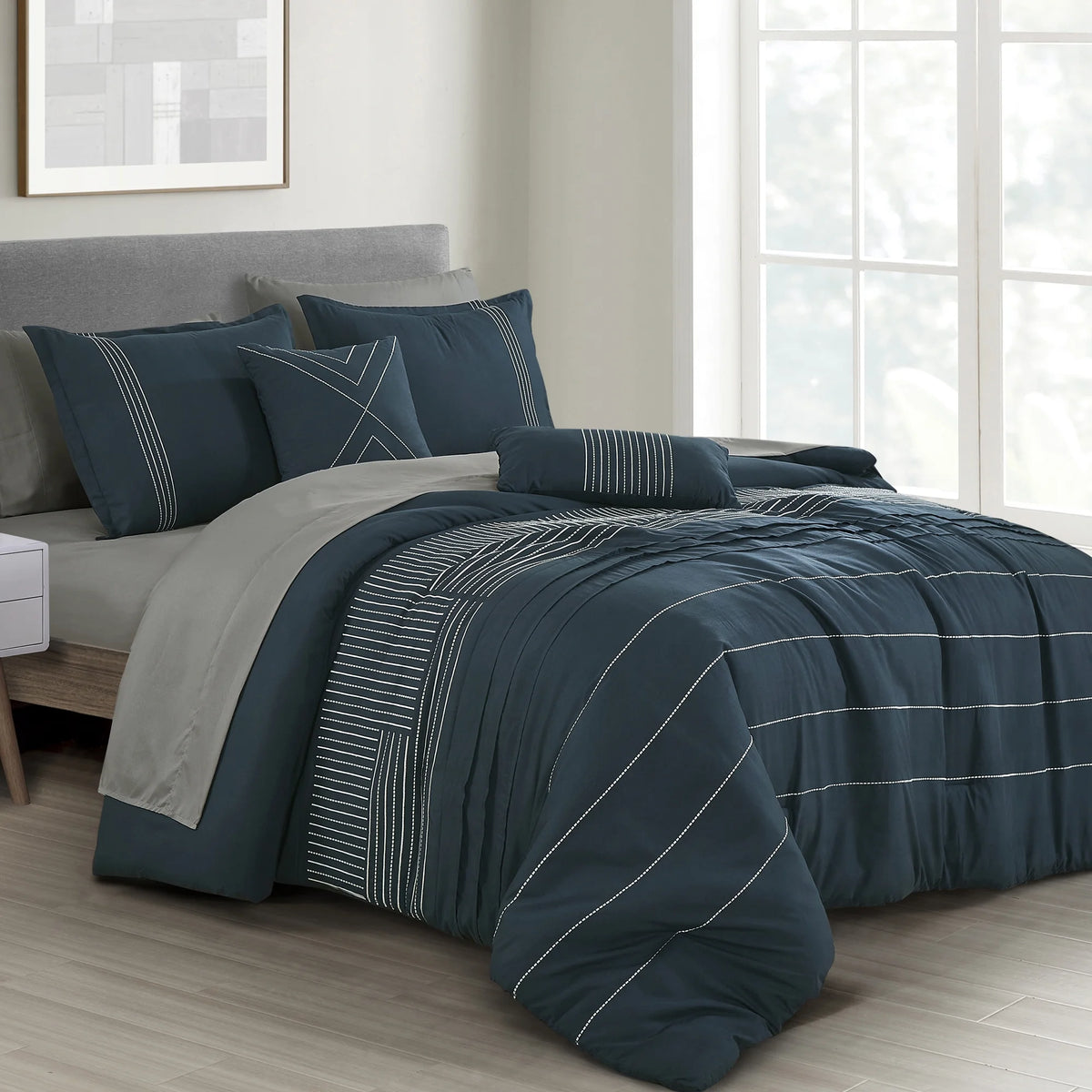 Blue 9-Piece Embroidered Comforter & Sheet Set Cal King Size W1989