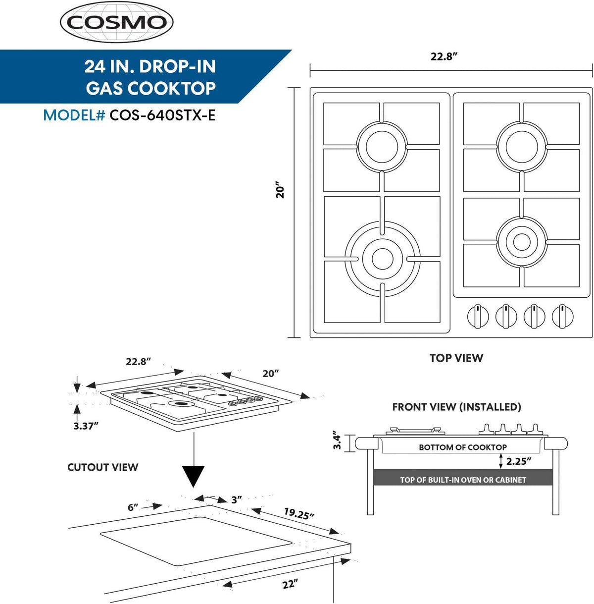 24 Gas Cooktop with 4 Sealed Burners Stainless Steel E689