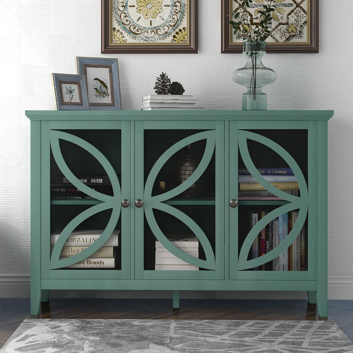 Black Accent Buffet Sideboard with Tempered Glass Console Table Sofa Table with Adjustable Shelves Cabinet L704056