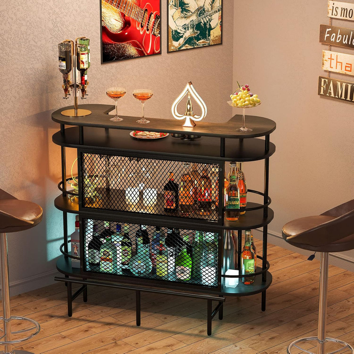Black and Walnut 4 Tier Bar Cabinet with Storage Shelves B3498