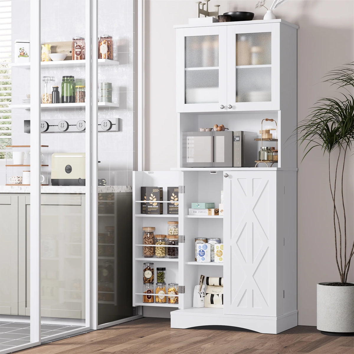 63'' White 4 Door Kitchen Storage Cabinet with Adjustable Shelves V924