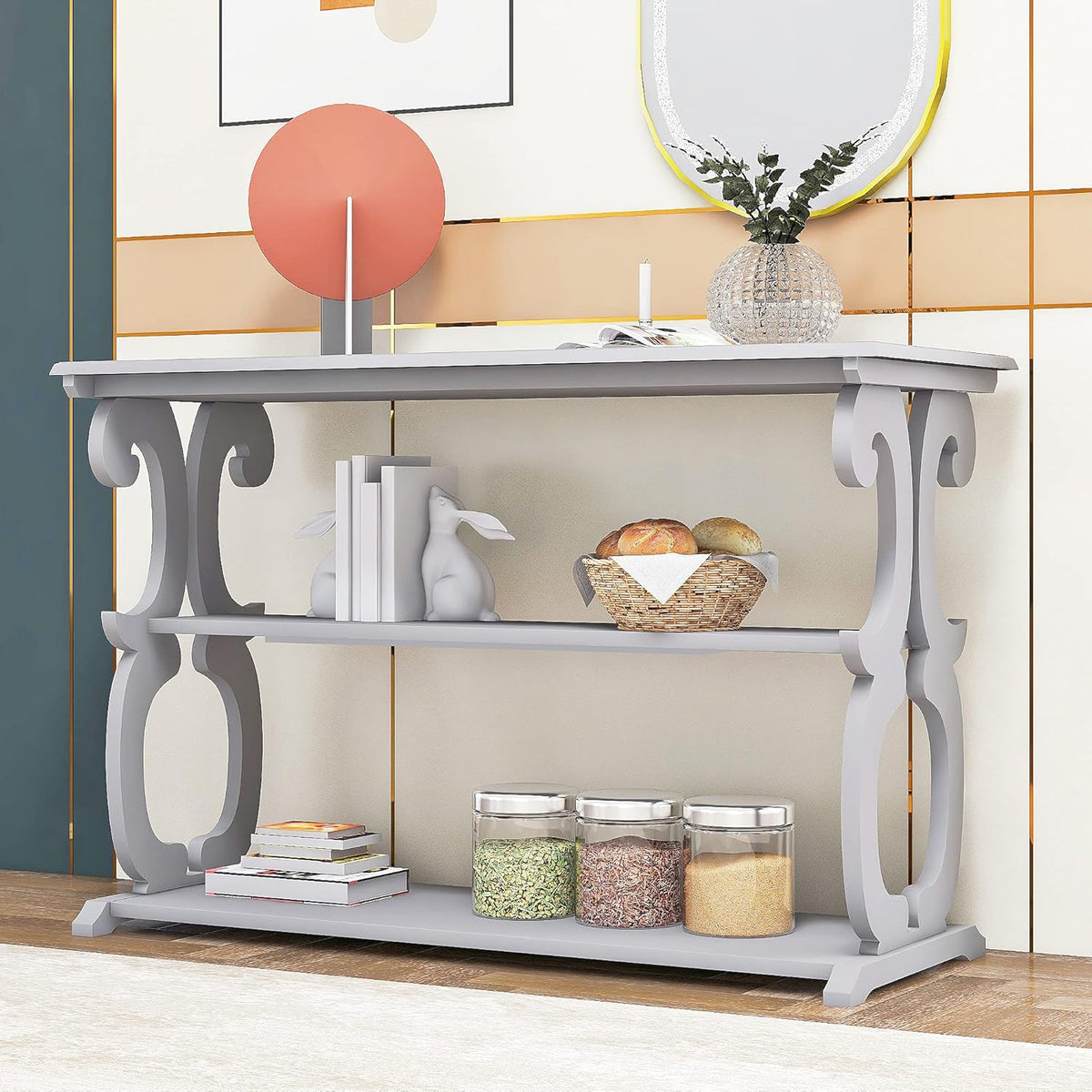 Vintage White Sideboard with 3 Open Storage Shelves J212955
