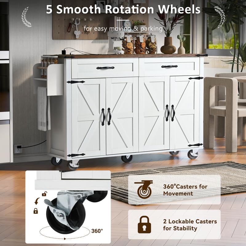 Farmhouse Kitchen Island with Power Outlet, Drop Leaf, Spice Rack and Drawer, Rolling Kitchen Cart on Wheels I94436