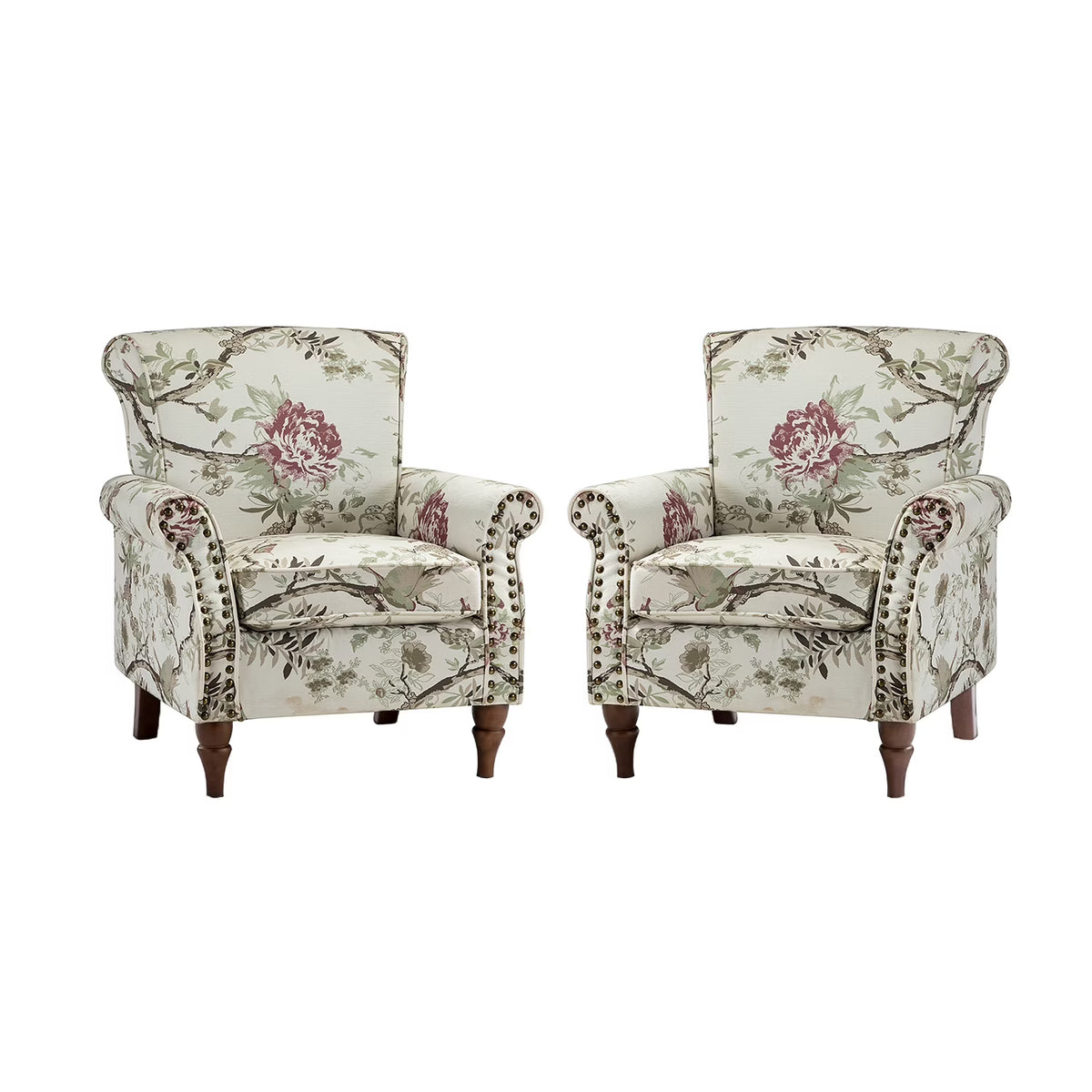 Wooden Upholstered Accent Chair Set of 2 with Removable Cushion Wingback Floral Lounge Sofa Set Nailhead Trim H812