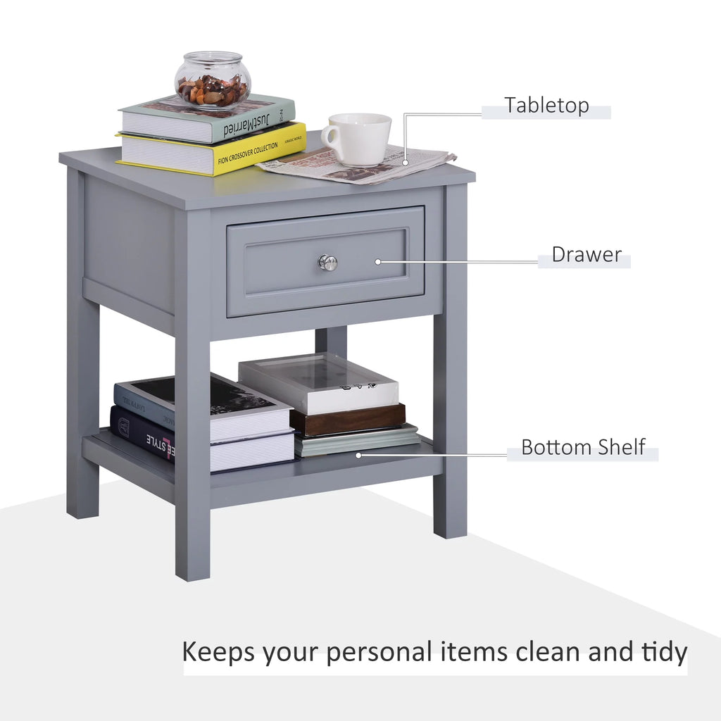 Accent End Table with Gray Tabletop, Storage Drawer, and Bottom Shelf O399