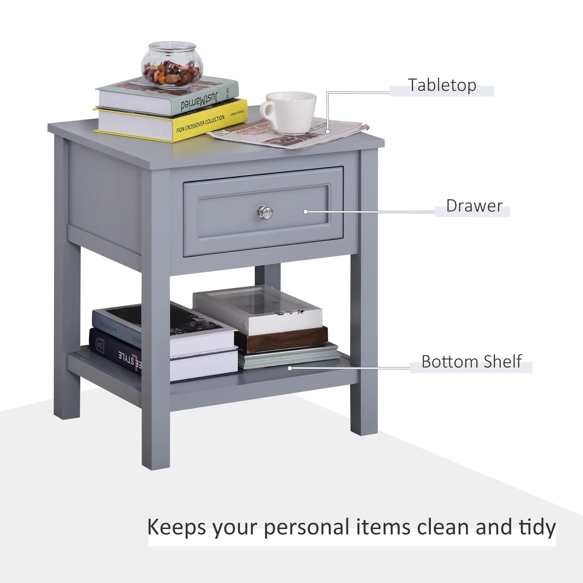 Accent End Table with Gray Tabletop, Storage Drawer, and Bottom Shelf O399