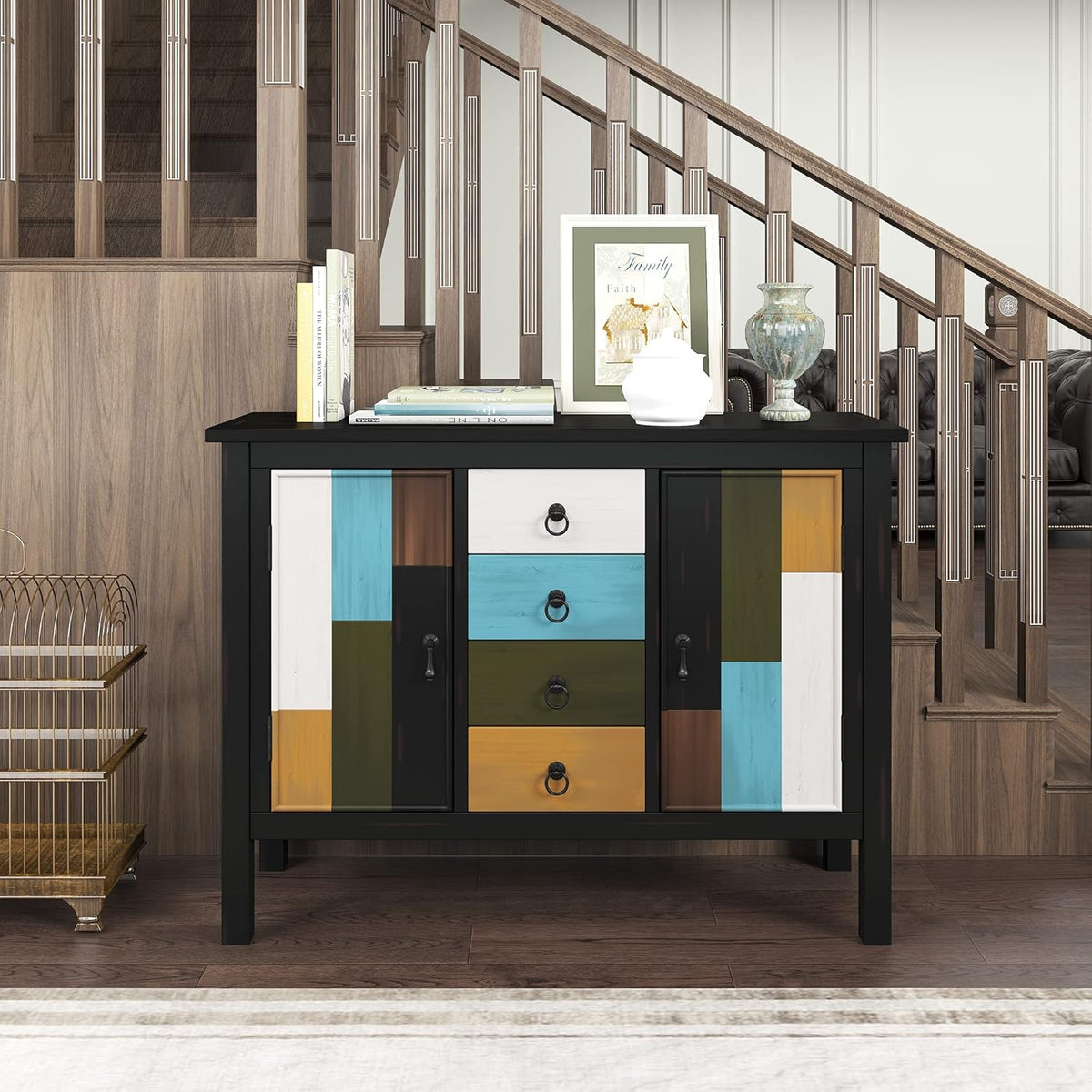 Black Accent Buffet Sideboard with Tempered Glass Console Table Sofa Table with Adjustable Shelves Cabinet L704056