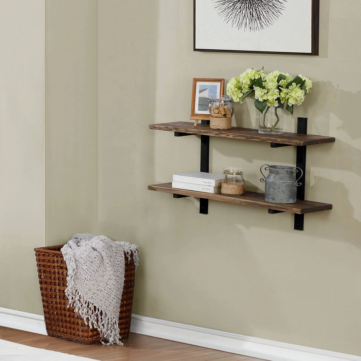 36"W Metal and Solid Wood Wall Shelf E109